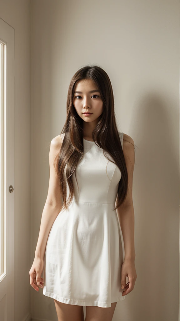 A beautiful young Chinese girl with long flowing hair，Wearing a white dress，Standing in a warm and cozy room，Close shot，Surrealism