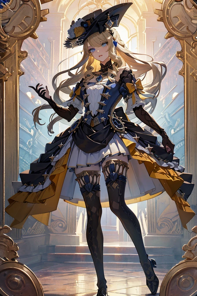 (Official art、Best Quality、Unity 8k Wallpapers、32K、masterpiece、ultra-detailliert、超A high resolution)、Best Shadows、Fantastical、(Ultra-detailed and complex 3D rendering)、Detailed beautiful face and eyes、Sharp pupils、Realistic pupils、A slender、1Man Woman、Medium bust、(Full body:1.2)、 Highly detailed background、beauitful face、(super detailed skin、detailed skin textures:1.3)、((alice in the wonderland))、a blond、Tie your hair with a ribbon、Blue colored eyes、Blue Apron Dress、white sock、PlayingCards、Chasing rabbits、Pocket watch on the waist、