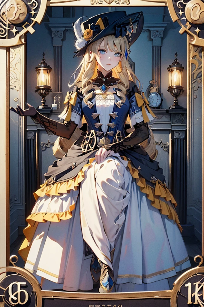 (Official art、Best Quality、Unity 8k Wallpapers、32K、masterpiece、ultra-detailliert、超A high resolution)、Best Shadows、Fantastical、(Ultra-detailed and complex 3D rendering)、Detailed beautiful face and eyes、Sharp pupils、Realistic pupils、A slender、1Man Woman、Medium bust、(Full body:1.2)、 Highly detailed background、beauitful face、(super detailed skin、detailed skin textures:1.3)、((alice in the wonderland))、a blond、Tie your hair with a ribbon、Blue colored eyes、Blue Apron Dress、white sock、PlayingCards、Chasing rabbits、Pocket watch on the waist、