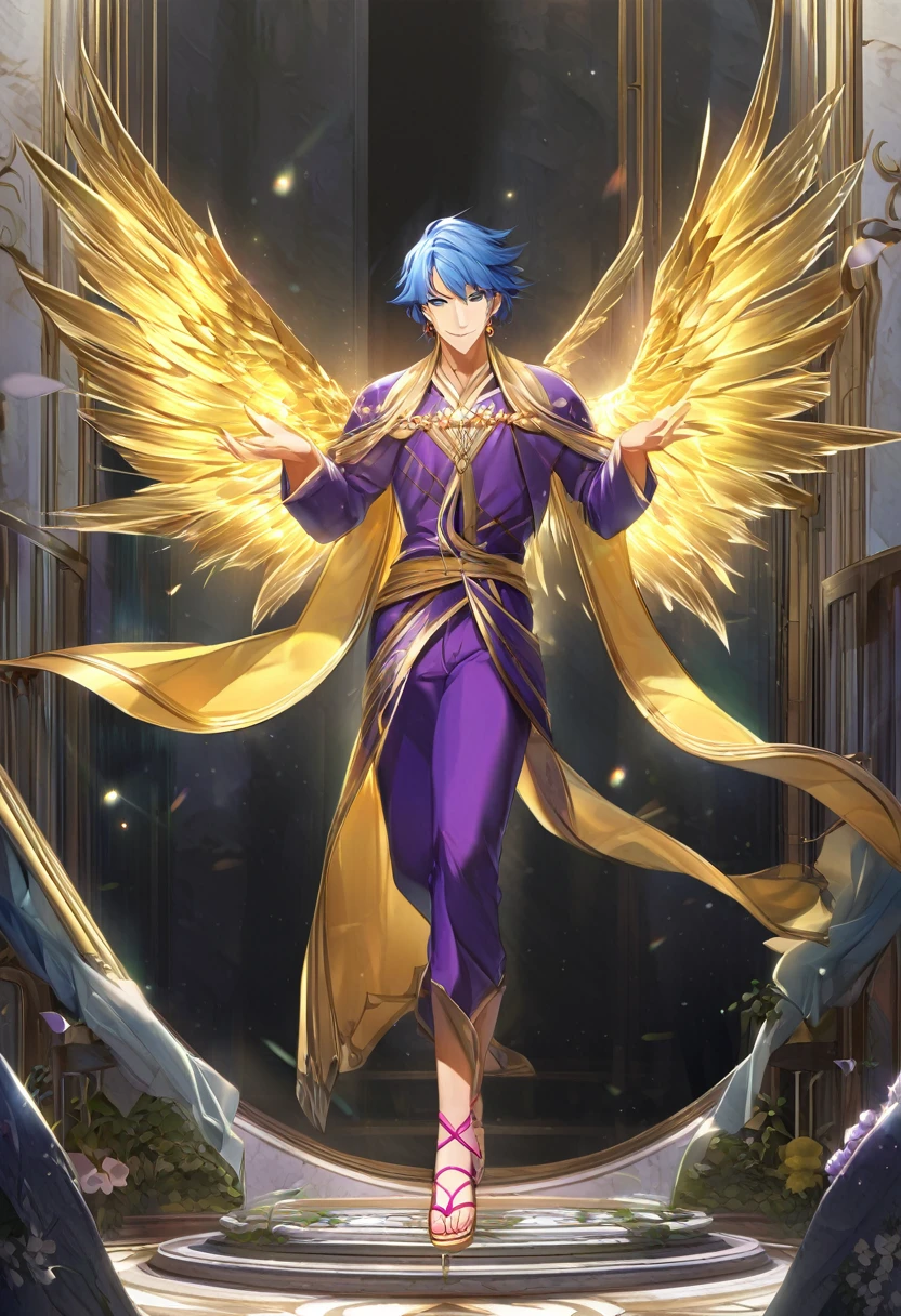 
((Angel)), Masculine, tall, graceful with an ethereal presence, middle-aged man, front view, tanned, smooth, radiant, healthy skin, bright, navy blue eyes, with highlights, ((wearing a flowing golden robe with green details)), serene smile, mouth semi-open, peaceful expression, navy blue hair, wavy and haloed, shiny, detailed, (((orange earrings))), elegant, (((purple pants))), ((((pink sandals)))), many accessories, full body, holding a glowing staff, heavenly background with clouds and light beams, celestial, illuminated, 8k quality, extremely detailed, masterpiece, high resolution, realistic skin texture, hyper realistic, increase resolution, raw photos, best quality, highly detailed, background screen, cinematic lighting, ray trace, golden ratio, dynamic angle, looking at viewer, in an angelic pose, best posture, ((full body)), (((radiant wings))), emphasizing his masculine features and presence.