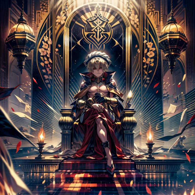 8K, Mouthpiece, ((One beautiful man)),((Fate Stay Night Drawing)), Gilgamesh Male Solo, Emperor, whole body, ((Detailed character portrayal)), An exquisitely decorated throne, A palace made of cut stone, A room lit by flickering torches, A man violently climbs onto a throne and sits down, A face laughing out loud like a joke, ((One beautiful man)), ((Red eyes)), Long Hair, blonde, Wrap a turban around your head, (background: Countless swords displayed on the wall, All facing the same direction, Different types of swords, 1 female attendant, Woman in beautiful arabic costume, Stand beside the throne),