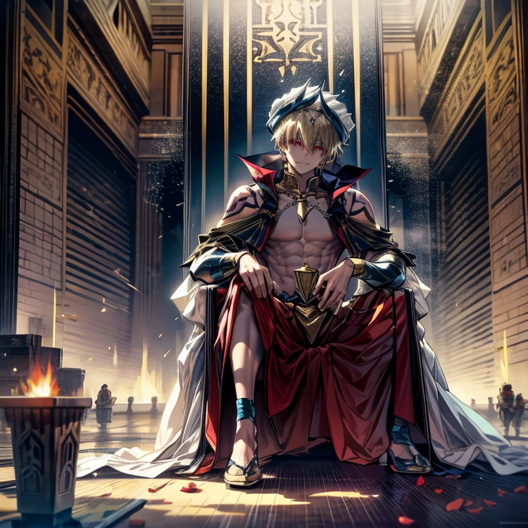 8K, Mouthpiece, ((One beautiful man)),((Fate Stay Night Drawing)), Gilgamesh Male Solo, Emperor, whole body, ((Detailed character portrayal)), An exquisitely decorated throne, A palace made of cut stone, A room lit by flickering torches, A man violently climbs onto a throne and sits down, A face laughing out loud like a joke, ((One beautiful man)), ((Red eyes)), Long Hair, blonde, Wrap a turban around your head, (background: Countless swords displayed on the wall, All facing the same direction, Different types of swords, 1 female attendant, Woman in beautiful arabic costume, Stand beside the throne),