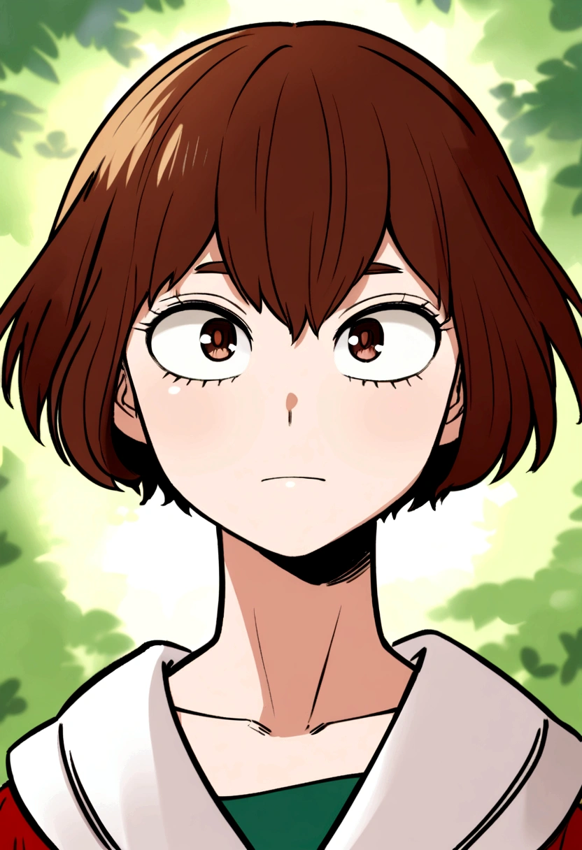 nonbinary, anime character, Boku no hero academia style, dark brown eyes and hair, thesis clara, large eyes, medium short hair