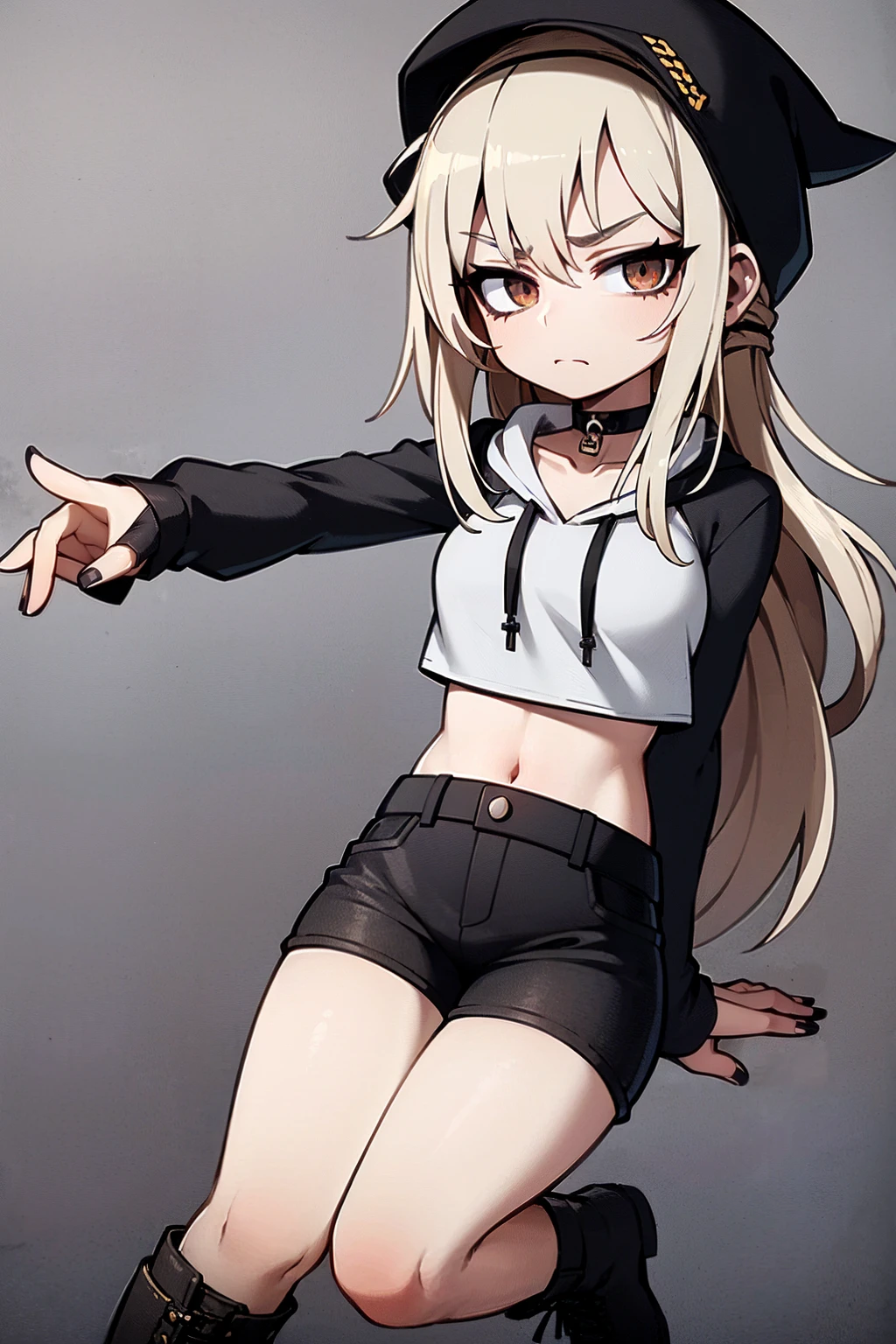 ((masterpiece, best quality)), ((1girl)), (white crop top), ((black open hoodie)), ((black short jeans)), (fishnets), (black military boots), ((dark brown long straight hair)), brown cat ears, serious, black eyes, rosy cheeks, (black choker with spikes), (black gothic beanie), dynamic angle, city background