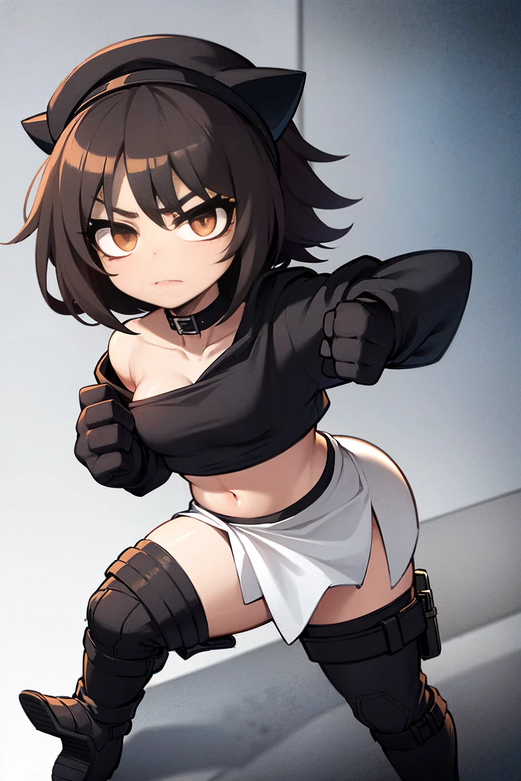 ((masterpiece, best quality)), ((1girl)), (white crop top), ((black open hoodie)), ((black short jeans)), (fishnets), (black military boots), ((dark brown long straight hair)), brown cat ears, serious, black eyes, rosy cheeks, (black choker with spikes), (black gothic beanie), dynamic angle, city background