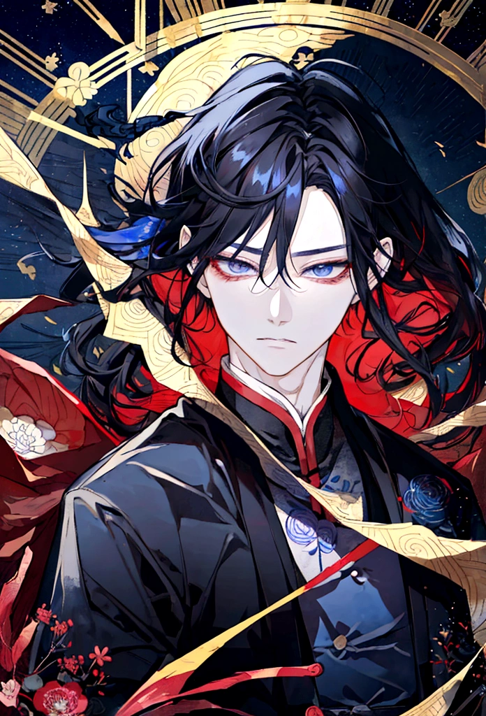 estilo kimetsu no yaiba ,, elegant, wheat skin, red determined eyes , long loose black hair, Blue eyes, powerful, black dress, Old style, serpentine surrounding, , thunder, fire, starry sky