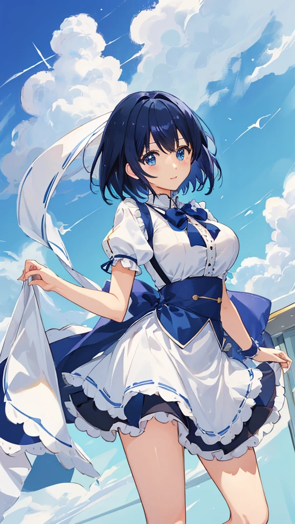 Highest quality、anime、solo、1 beautiful girl、Big Breasts、ribbon、Top、original character、short hair、Black Hair、Blue Hair、blue eyes、Beautiful woman、Sleevelesini skirt