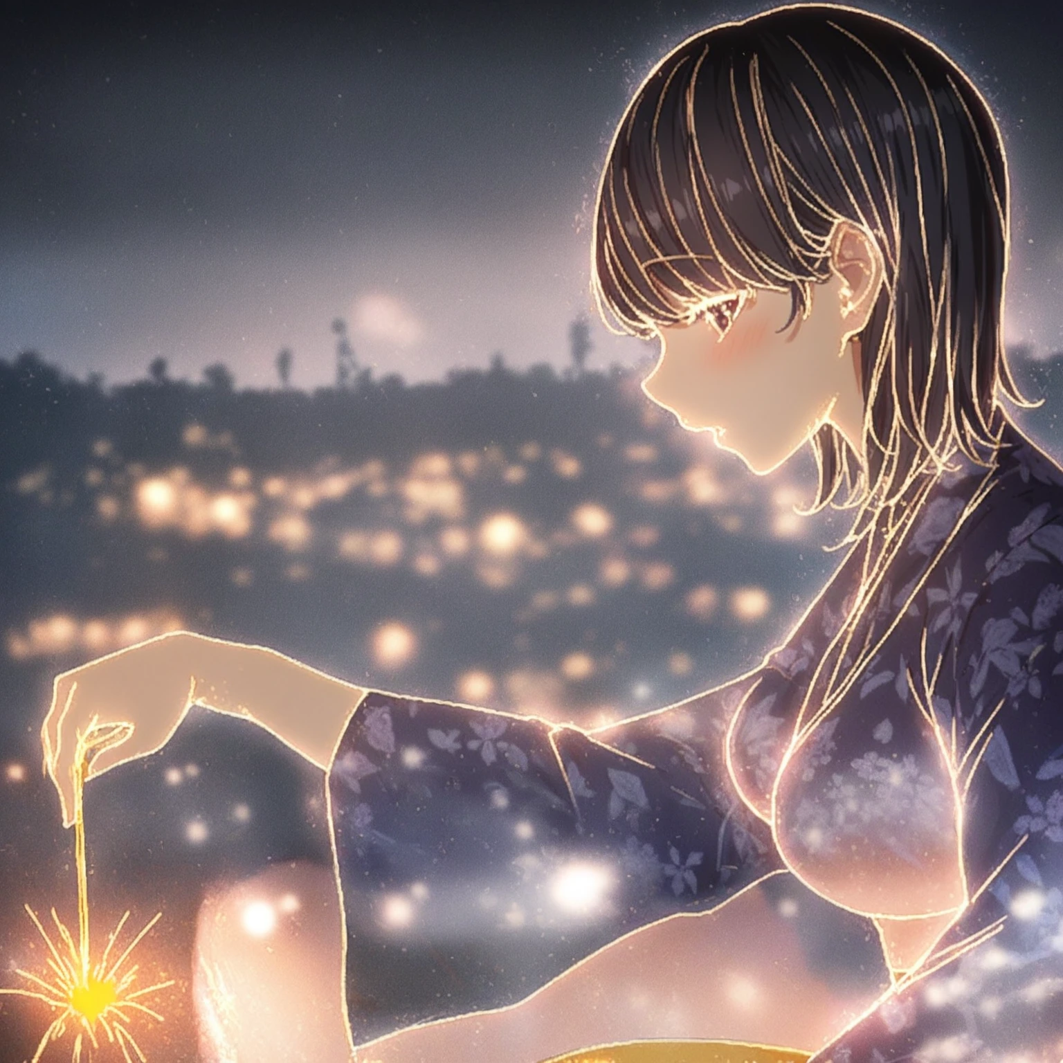1girl、Black Hair、Indigo yukata、Yellow belt、squat、Sparkler、night、Illuminate the face、extremely detailed CG、high resolution