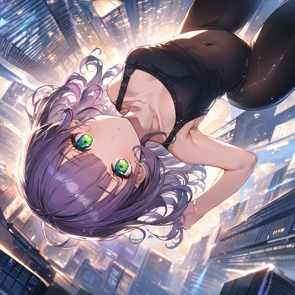 a masterpiece, beautiful eyes, a beautiful face, beautiful depiction, details, solid blue Skyscrapers background, ultra detailed, 8K, pale-purple hair, a dynamic angle from above, wavy hair blowing in the wind, blunt bangs hair, black and green eyes, A black tank top showing her belly button, black drawstring pants, black ballet shoes, full body shot, flat chest, light coming from behind her, look at viewer,