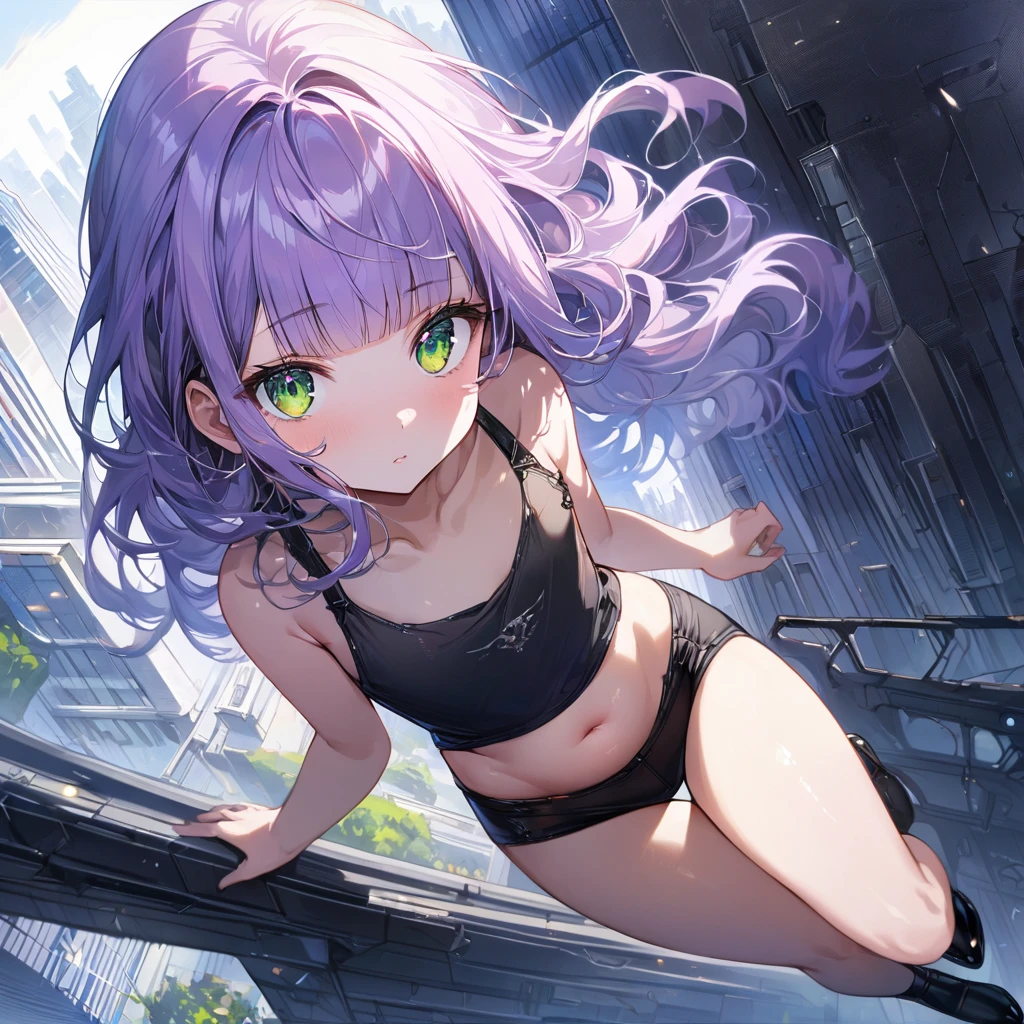 a masterpiece, beautiful eyes, a beautiful face, beautiful depiction, details, solid blue Skyscrapers background, ultra detailed, 8K, pale-purple hair, a dynamic angle from above, wavy hair blowing in the wind, blunt bangs hair, black and green eyes, A black tank top showing her belly button, black drawstring pants, black ballet shoes, full body shot, flat chest, light coming from behind her, look at viewer,