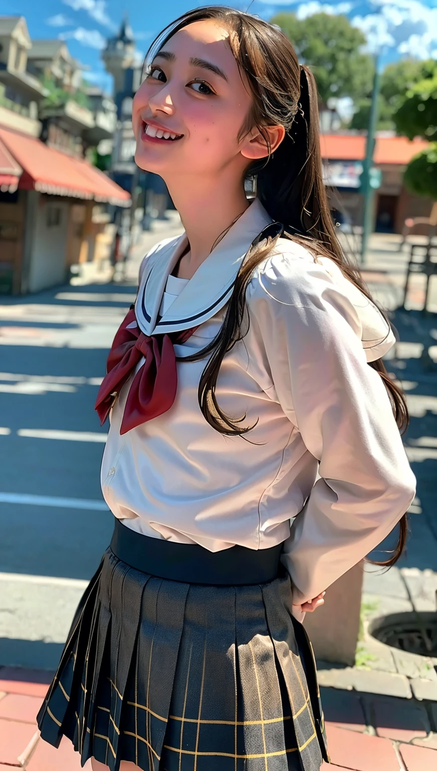 (((cowboy shot))),Ultra-high resolution,big eyes,((brown eyes)),Japanese,(forehead),(a girl),(1 girl),((17 years old)),(cute),pretty,((facing at viewer)),arms behind back,grin,(((black school sailor uniform))),pleated skirt,(((disney land))),(cloudy sky)