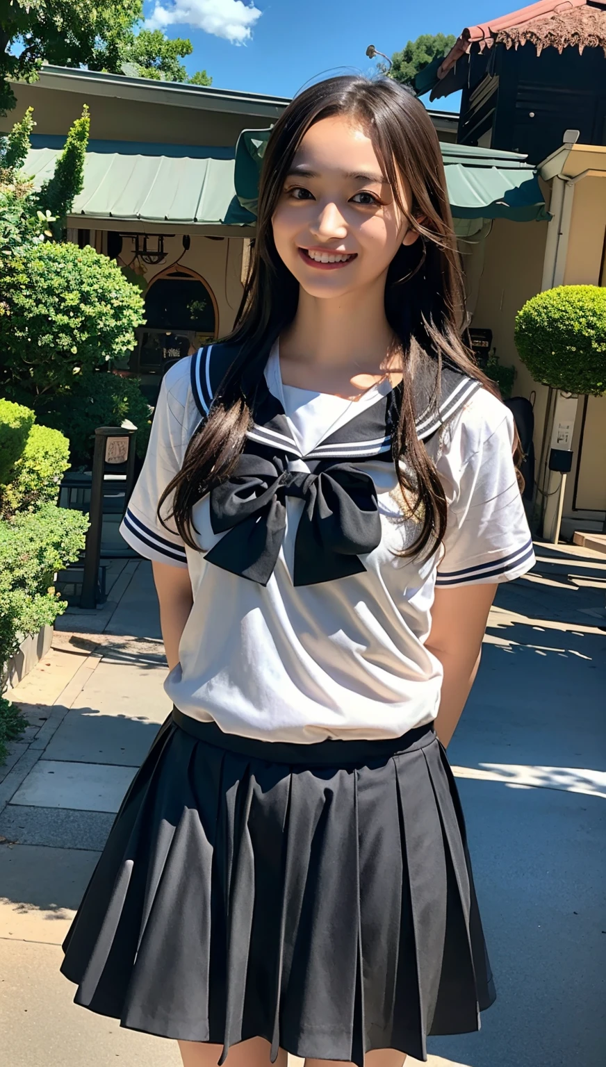 (((cowboy shot))),Ultra-high resolution,big eyes,((brown eyes)),Japanese,(forehead),(a girl),(1 girl),(()),(cute),pretty,((facing at viewer)),arms behind back,grin,(((black school sailor uniform))),pleated skirt,(((disney land))),(cloudy sky)