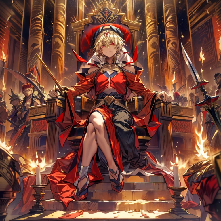 8K, Mouthpiece, ((One beautiful man)),((Fate Stay Night Drawing)), Gilgamesh Male Solo, Emperor, whole body, ((Detailed character portrayal)), An exquisitely decorated throne, A palace made of cut stone, A room lit by flickering torches, A man violently climbs onto a throne and sits down, A face laughing out loud like a joke, ((One beautiful man)), ((Red eyes)), Long Hair, blonde, Wrap a turban around your head, (background: Countless swords displayed on the wall, All facing the same direction, Different types of swords, 1 female attendant, Woman in beautiful arabic costume, Stand beside the throne),