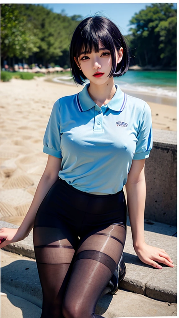 polo shirt、pantyhose/stockings、during、nsfw,revealing、Bite、Erect nipples、Wet T-shirt、Beach、Blue hair、mansuji、Purple Hair、Erect nipples