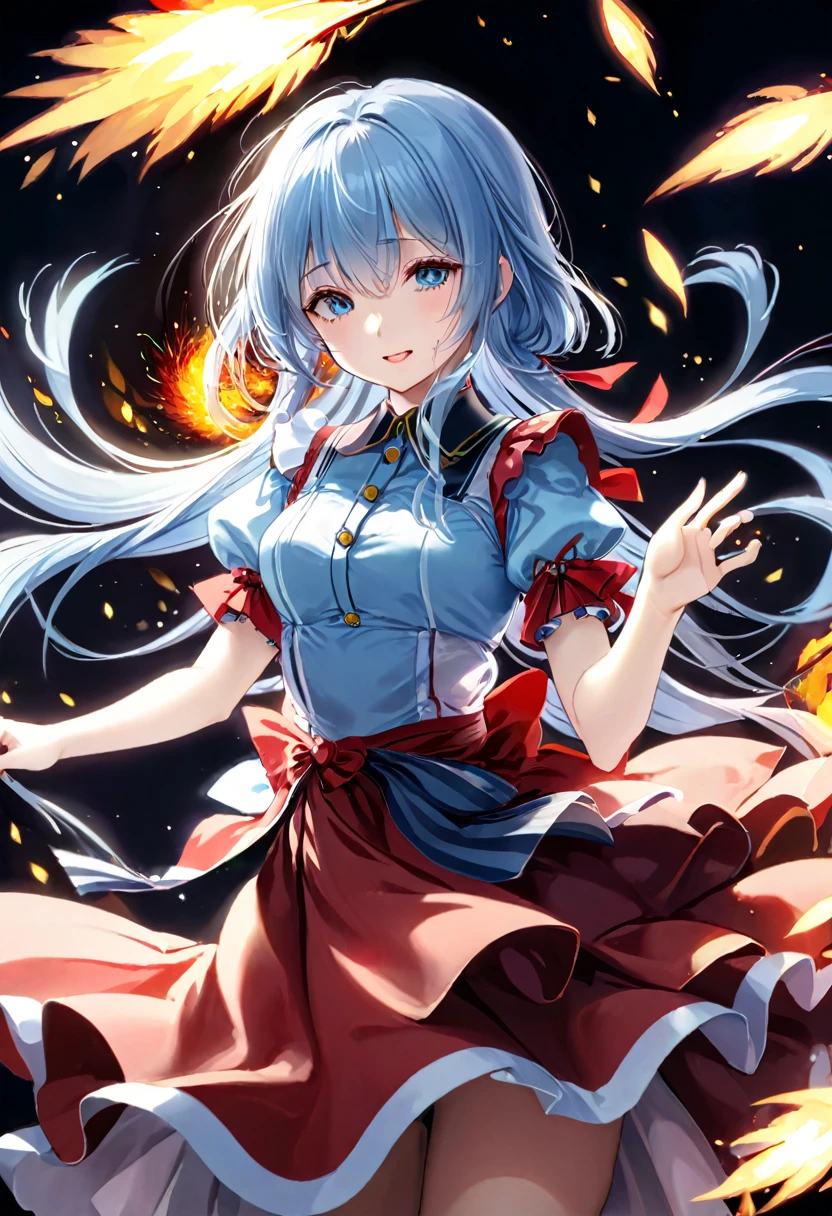 masterpiece, best quality, extremely detailed, (illustration, official art:1.1), 1 girl ,(((( light blue long hair)))), ,(((( light blue long hair)))),light blue hair, ,10 years old,****, long hair ((blush)) , cute face, big eyes, masterpiece, best quality,(((((a very delicate and beautiful girl))))),Amazing,beautiful detailed eyes,blunt bangs((((little delicate girl)))),tareme(true beautiful:1.2), sense of depth,dynamic angle,,,, affectionate smile, (true beautiful:1.2),,(tiny 1girl model:1.2),)(flat chest),(circle:1.2), , (1girl), (solo), masterpiece, best quality, ultra detailed, highres, super fine illustration, 8k, anime screencap, detailed beautiful face and eyes, fantasy, full body, (Red dress), cinematic lighting, intricate skirt, 
((flying fire sparks)), rock, non cloud sky, sunlight, sun, Flame Effects, furious, 