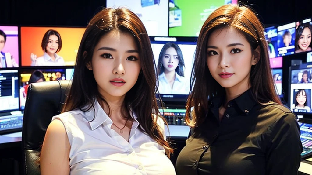 ((super high quality、High resolution、masterpiece、 Anatomically correct、Super detailed photos、Ultra-realistic photos、 Highest quality))、(3girls)、looking at viewer、studio lighting、(portrait))、(from front:1.2)、(big breast)、Small waist、Detailed face、Perfect figure、Three girls holding each other close、 ((Female announcer:1.2))、Television studio broadcasting the news、Cleavage、((news caster))、((sleeveless business shirt))、