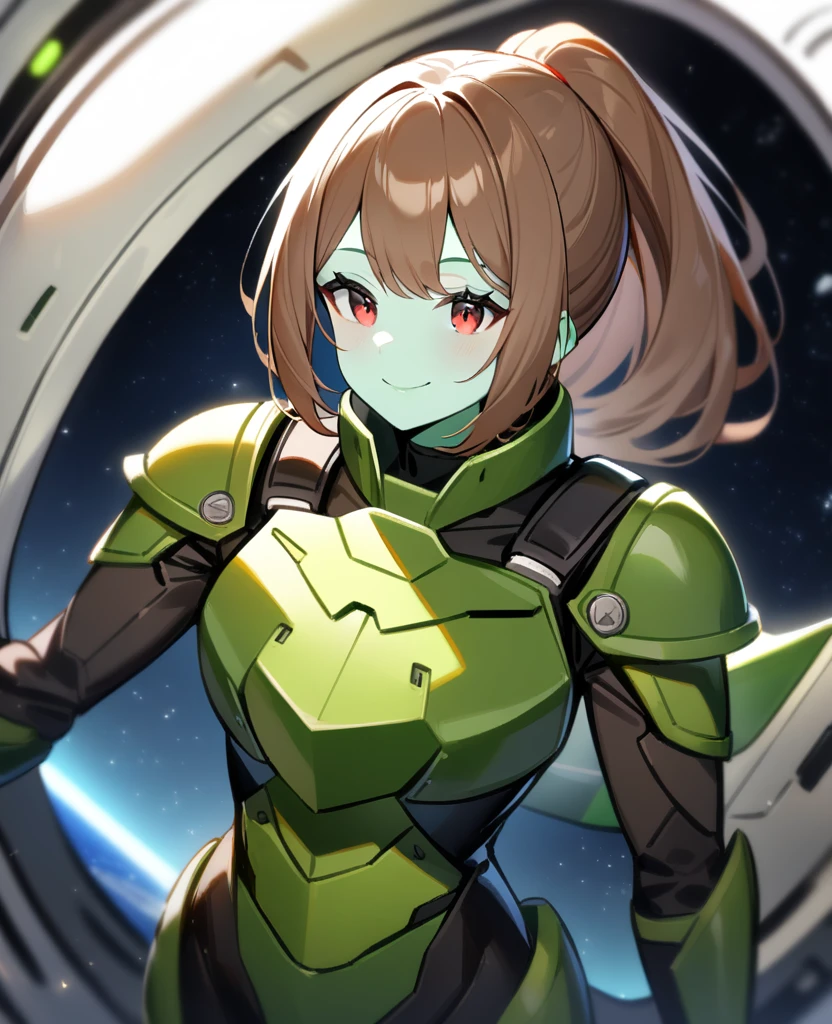 1girl,solo,red eyes,((brown hair:1.5)),green power armor,ponytail,((pale green skin)),green chest armor,cowboy shot,in space ship,zero gravity,Science fiction,ultra-detailed,sharp focus,aesthetic,(best quality) smiling, holding halberd, tall woman