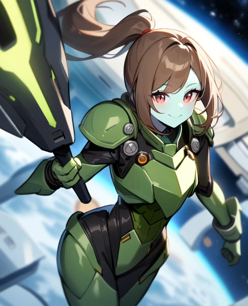 1girl,solo,red eyes,((brown hair:1.5)),green power armor,ponytail,((pale green skin)),green chest armor,cowboy shot,in space ship,zero gravity,Science fiction,ultra-detailed,sharp focus,aesthetic,(best quality) smiling, holding halberd, tall woman