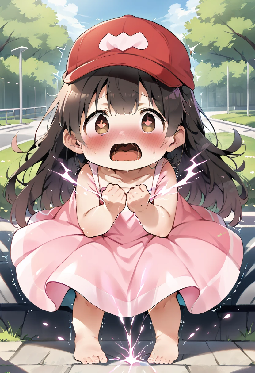 (masterpiece), best quality, expressive eyes, perfect face, a man get transformed into a little toddler girl, solo, blushed, black hair, long hair, red baseball cap, brown eyes, (full body), open mouth, get electrocuted, pink electricity, bare foot, cute pink dress, in a park.