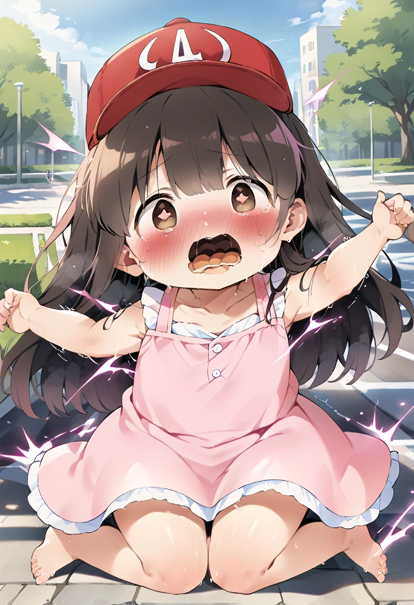 (masterpiece), best quality, expressive eyes, perfect face, a man get transformed into a little toddler girl, solo, blushed, black hair, long hair, red baseball cap, brown eyes, (full body), open mouth, get electrocuted, pink electricity, bare foot, cute pink dress, in a park.