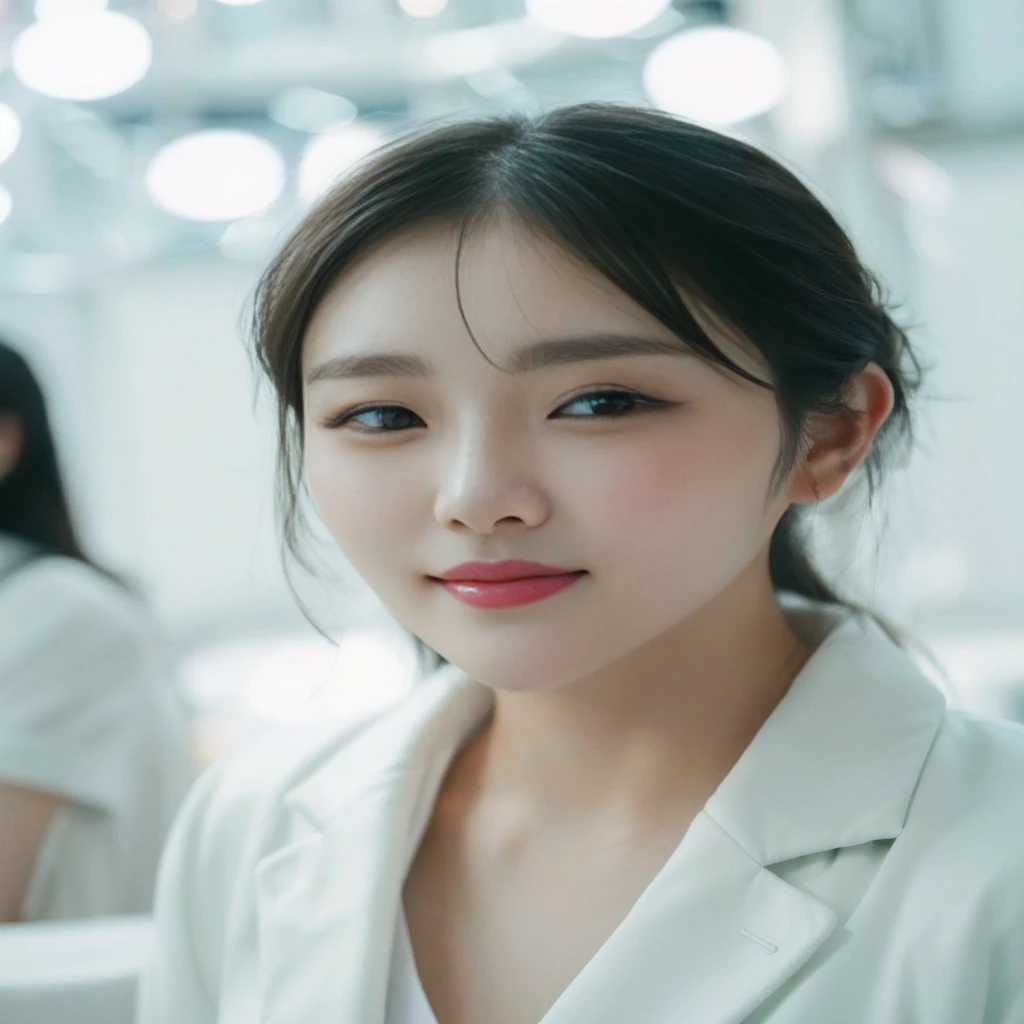 Close-up of a woman in a white coat looking at the camera, Young and adorable Korean face, Young and pretty Asian face, Korean Girls, south east asian Round face, Popular Korean makeup, Jaeyoung Nam, Beautiful aesthetic face, One adorable Korean face, Korean facial features, Round face, Popular Korean makeup, Ulzzang, Beautiful and delicate face