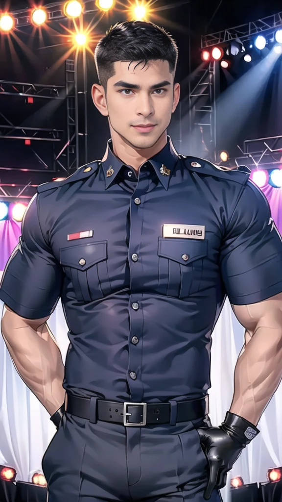 handsome man,(crew cut short hair:1.2),black eye,smile,open mouth
(navy police uniform:1.2),(shirt short sleeves:1.2),collar,(shirt covered over:1.2),(name tag and Police badge:1.2),(shirt no buttons:1.1),(black_gloves:1.3),
(Navy blue cargo:1.2),Korean guy,korean men,(High gloss details),(chest muscles:1.2),(large arm muscles:1.2),blood vessel,Big muscles,Broad shoulders,looking at the audience,Balancing the eyes,middle of the road,(stage:1.4),