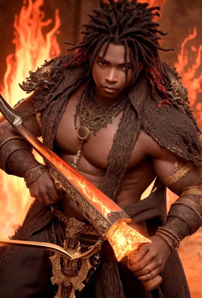 ((Intricate details))), (((highest quality))), (((extreme attention to detail))), (((complex composition))). African god, king of fire warriors, in his hands an ax with two blades, finely crafted despite the rustic and suspenseful atmosphere. attack position in a violent war, Incorporate a dark color palette with subtle touches of red to highlight key features. Calls around your body Emulate the mysterious atmosphere of cinematic light.
