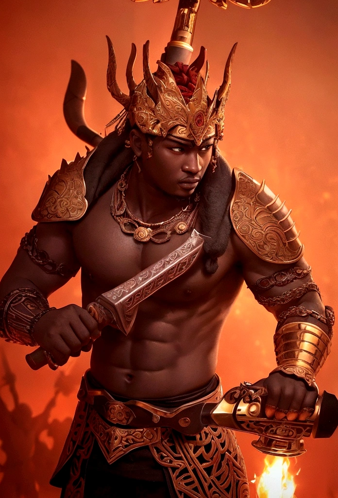 ((Intricate details))), (((highest quality))), (((extreme attention to detail))), (((complex composition))). African god, king of fire warriors, in his hands an ax with two blades, finely crafted despite the rustic and suspenseful atmosphere. attack position in a violent war, Incorporate a dark color palette with subtle touches of red to highlight key features. Calls around your body Emulate the mysterious atmosphere of cinematic light.