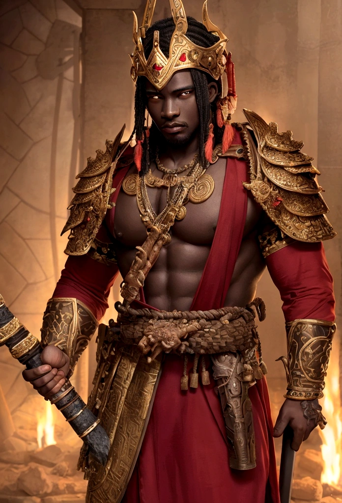 ((Intricate details))), (((highest quality))), (((extreme attention to detail))), (((complex composition))). African god, king of fire warriors, in his hands an ax with two blades, finely crafted despite the rustic and suspenseful atmosphere. attack position in a violent war, Incorporate a dark color palette with subtle touches of red to highlight key features. Calls around your body Emulate the mysterious atmosphere of cinematic light.