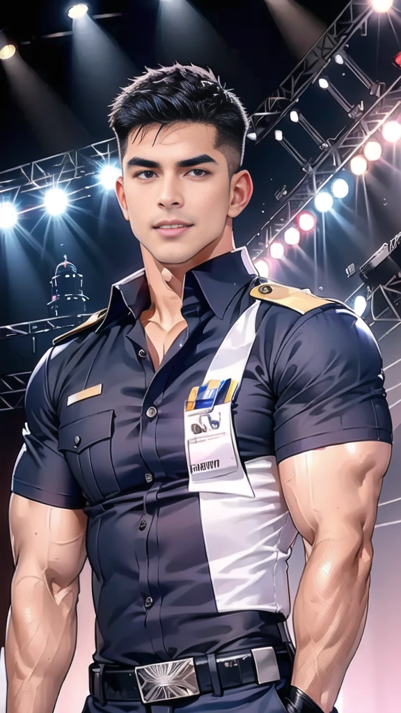 handsome man,(crew cut short hair:1.2),black eye,smile,open mouth
(navy police uniform:1.2),(shirt short sleeves:1.2),collar,(shirt covered over:1.2),(name tag and Police badge:1.2),(shirt no buttons:1.1),(black_gloves:1.3),
(Navy blue cargo:1.2),Korean guy,korean men,(High gloss details),(chest muscles:1.2),(large arm muscles:1.2),blood vessel,Big muscles,Broad shoulders,looking at the audience,Balancing the eyes,middle of the road,(stage:1.4),