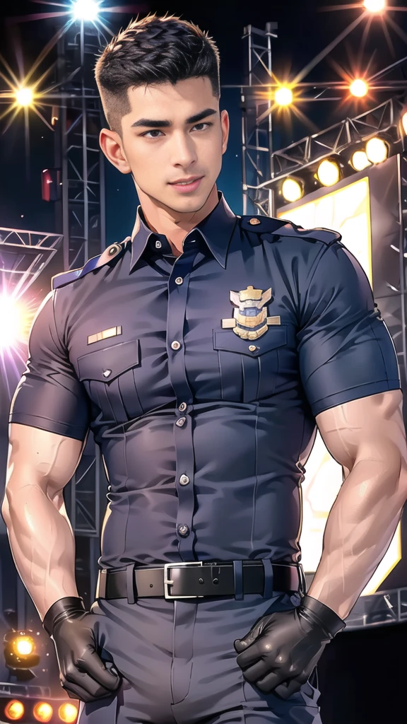 handsome man,(crew cut short hair:1.2),black eye,smile,open mouth
(navy police uniform:1.2),(shirt short sleeves:1.2),collar,(shirt covered over:1.2),(name tag and Police badge:1.2),(shirt no buttons:1.1),(black_gloves:1.3),
(Navy blue cargo:1.2),Korean guy,korean men,(High gloss details),(chest muscles:1.2),(large arm muscles:1.2),blood vessel,Big muscles,Broad shoulders,looking at the audience,Balancing the eyes,middle of the road,(stage:1.4),