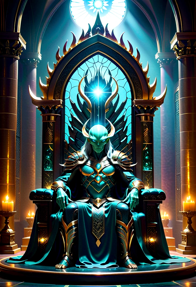 a giant transparent alien creature on a throne of power, detailed anatomy with glowing inner structures, powerful and imposing presence, dramatic lighting and shadows, ultra-detailed, cinematic composition, muted color palette, digital art, A grand, ornate throne made of precious metals and glowing with magical energy, intricate carvings and runes adorning its surface, surrounded by a majestic, awe-inspiring throne room with towering columns, stained glass windows, and a sense of ancient power and authority