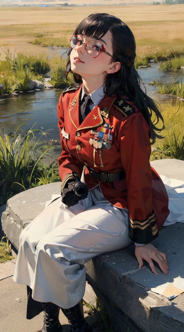 (masterpiece), ((best quality)), (super detailed), (beautiful eyes beautiful details eyes, Clean and delicate face), (sitting on a huge rock looking up at the sky:1.3), solo, Red bob hair, red eyes, (maid costume, white maid headband), thigh, black gloves, army boots, sentimental in the desert, contrail, Have multiple weapons, Lahti L-39 anti-tank gun, (Sniping with anti-tank rifles) miling minchen, aburdes, (mouth:1.16) closed, balanced eyes, (Best quality details:1.2),realistic,8K High definition,Ultra Detailed,High quality texture,intricate details,detailed texture, finely detailed, high detail, extremely detailed high quality texture cg, high quality shadows, ((masterpiece, best quality)), illustrations, ultra-detailed 8K, realistic, clear focus, highly detailed, professional lighting, colorful details, iridescent colors BREAK factory super long lens, large mechanical robot structure, microchips, computers, luminescence, intricate details, Shitu-Mecha, 1girl standing in front of the audience, navel (extremely detailed CG unity 8k wallpaper), (masterpiece), (best quality), (ultra-detailed), (best illustration), (best shadow), (absurdres), (extremely detailed CG unity 8k wallpaper), BREAK girl, sweat, steam, medium breast, nsfw, shy, light smile modest, remote shooting, detailed beautiful delicate face, Detailed beautiful delicate eyes, perfect facial proportions, High definition skin, thin skin, best four inch aspect ratio. With a thumb, a masterpiece, highy detailed, Realistic, (German World War II general uniform reference : 1.8), the highest facial resolution, , mulher modestmente vestida, fully dressed, ( mic, blackquality hair, black bangs straight, super thin braids, bangs straight, Red glasses, dark green eye, science fiction, Fighter aircraft, standing On the landing of a Fighter aircraft, the agency, a deeply intelligent personality, A calm expression, a respectful face, a war, a Fighter aircraft