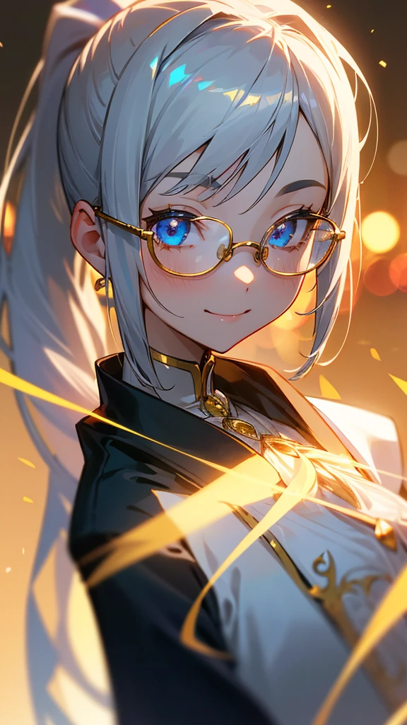 1 Girl、8K、Sharp focus、(Bokeh) (Highest quality) (Detailed skin:1.3) (Intricate details) (anime)、Silver Hair、ponytail、Gold Glasses、blue eyes、Black coat、White shirt、Upper body close-up、small yellow ribbon around the neck、smile、smile、Park in the background、sunset、Soft lighting.
