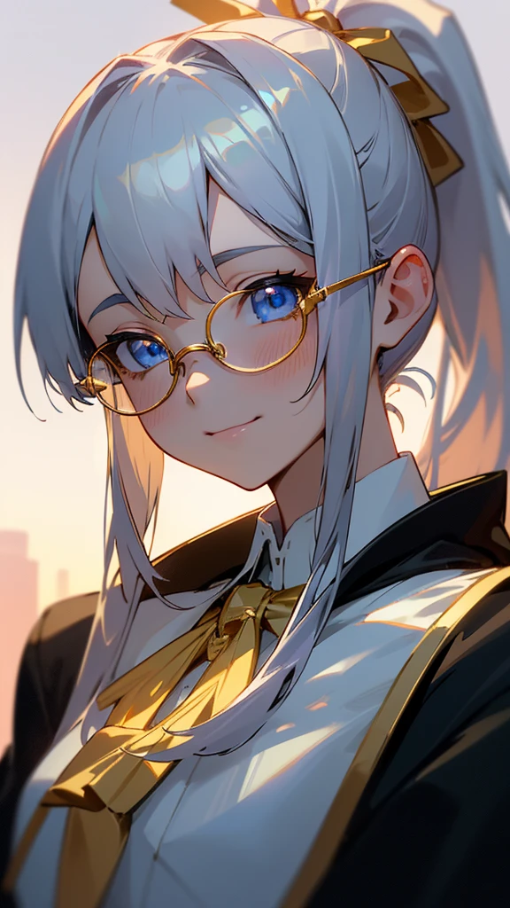 1 Girl、8K、Sharp focus、(Bokeh) (Highest quality) (Detailed skin:1.3) (Intricate details) (anime)、Silver Hair、ponytail、Gold Glasses、blue eyes、Black coat、White shirt、Upper body close-up、small yellow ribbon around the neck、smile、smile、Park in the background、sunset、Soft lighting.