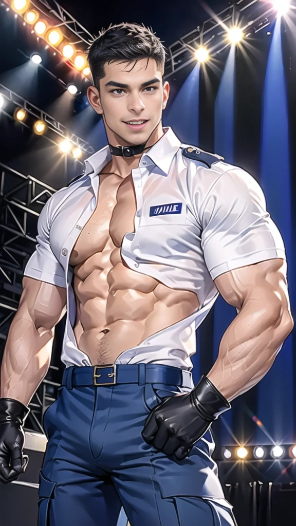 handsome man sit on stage ,(crew cut short hair:1.2),black eye,smile,open mouth (navy police uniform and t-shirt:1.2),(open shirt short sleeves:1.2),collar,(shirt covered over:1.2),(name tag and Police badge:1.2),(shirt no buttons:1.1),(black_gloves:1.3), (Navy blue cargo:1.2),Korean guy,korean men,(High gloss details),(chest muscles:1.2),(large arm muscles:1.2),blood vessel,Big muscles,Broad shoulders,looking at the audience,Balancing the eyes,middle of the road,(stage:1.4)