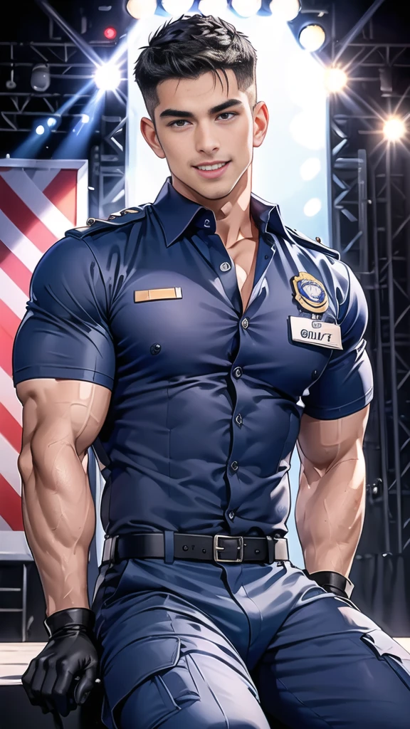 handsome man sit on stage ,(crew cut short hair:1.2),black eye,smile,open mouth (navy police uniform and t-shirt:1.2),(open shirt short sleeves:1.2),collar,(shirt covered over:1.2),(name tag and Police badge:1.2),(shirt no buttons:1.1),(black_gloves:1.3), (Navy blue cargo:1.2),Korean guy,korean men,(High gloss details),(chest muscles:1.2),(large arm muscles:1.2),blood vessel,Big muscles,Broad shoulders,looking at the audience,Balancing the eyes,middle of the road,(stage:1.4)