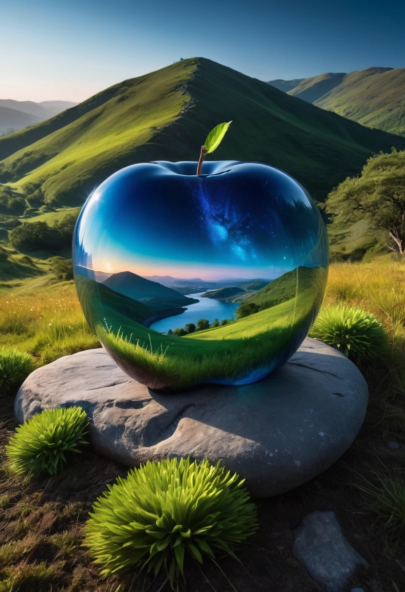 (8k digital nature photography:1.2),
(an idyllic landscape:1.1) with hills in the distance,
shiny sapphire (see-through:1.2) apple ,
bioluminescent