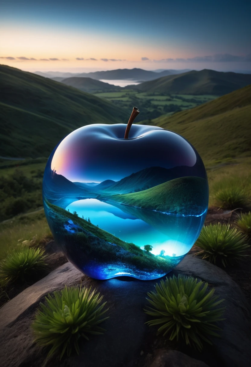 (8k digital nature photography:1.2),
(an idyllic landscape:1.1) with hills in the distance,
shiny sapphire (see-through:1.2) apple ,
bioluminescent