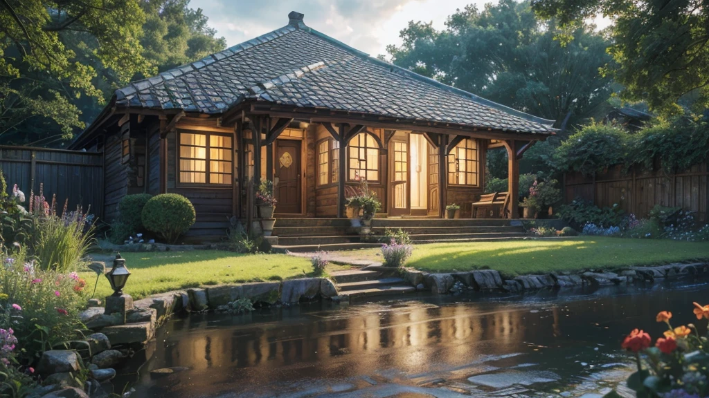 a small village house with a beautiful garden, rain falling gently, lush greenery, colorful flowers blooming, cobblestone path, cozy wooden cottage, warm lighting, moody atmosphere, serene and peaceful landscape, (best quality,4k,8k,highres,masterpiece:1.2),ultra-detailed,(realistic,photorealistic,photo-realistic:1.37),intricate details,vibrant colors,natural lighting,atmospheric,beautiful scenery,idyllic countryside