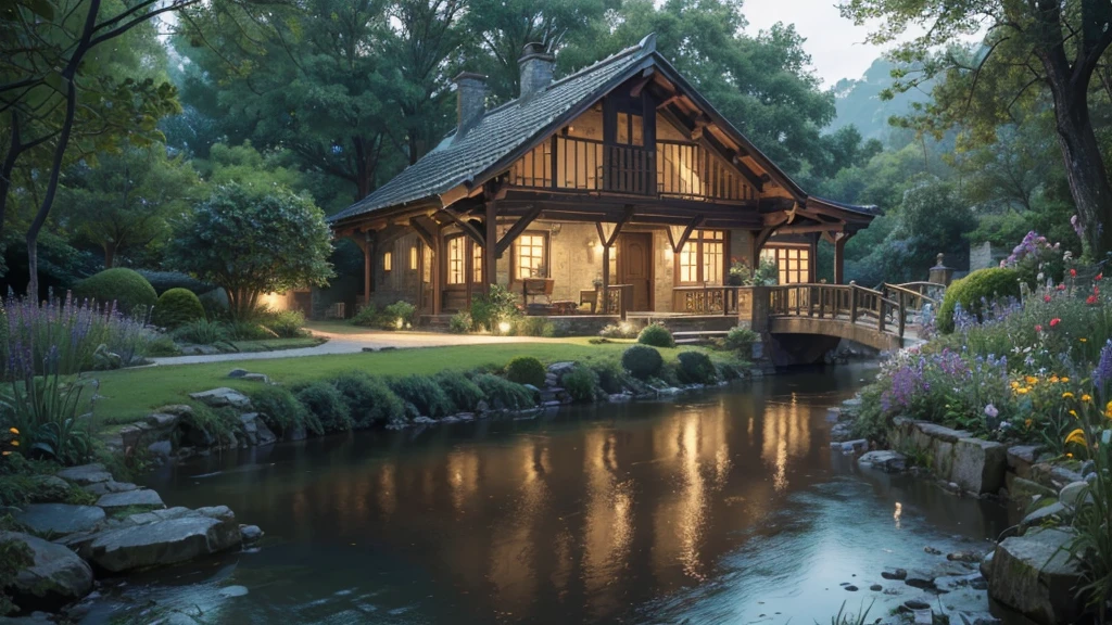 a small village house with a beautiful garden, rain falling gently, lush greenery, colorful flowers blooming, cobblestone path, cozy wooden cottage, warm lighting, moody atmosphere, serene and peaceful landscape, (best quality,4k,8k,highres,masterpiece:1.2),ultra-detailed,(realistic,photorealistic,photo-realistic:1.37),intricate details,vibrant colors,natural lighting,atmospheric,beautiful scenery,idyllic countryside