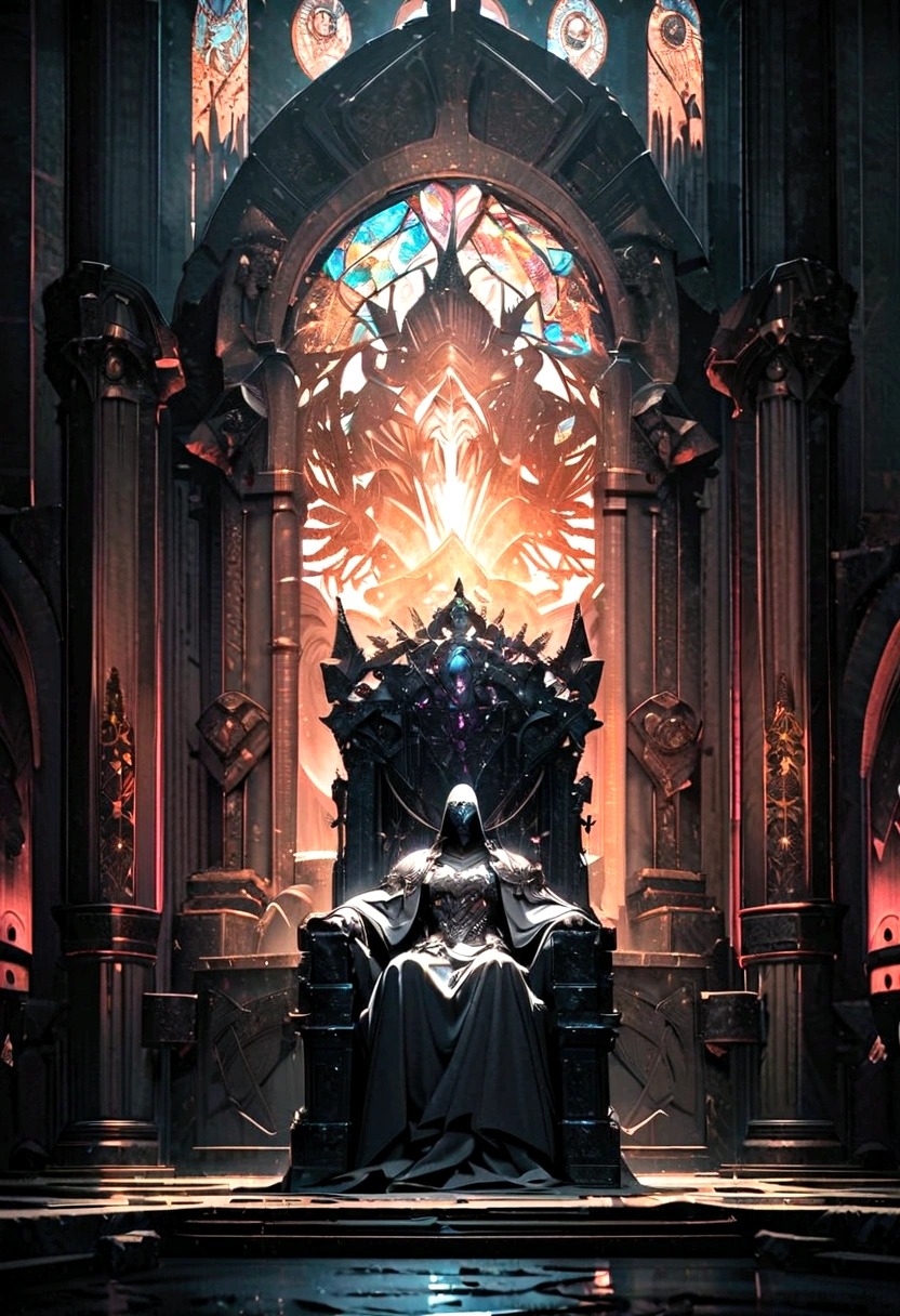 a giant transparent alien creature on a throne of power, detailed anatomy with glowing inner structures, powerful and imposing presence, dramatic lighting and shadows, ultra-detailed, cinematic composition, muted color palette, digital art, A grand, ornate throne made of precious metals and glowing with magical energy, intricate carvings and runes adorning its surface, surrounded by a majestic, awe-inspiring throne room with towering columns, stained glass windows, and a sense of ancient power and authority