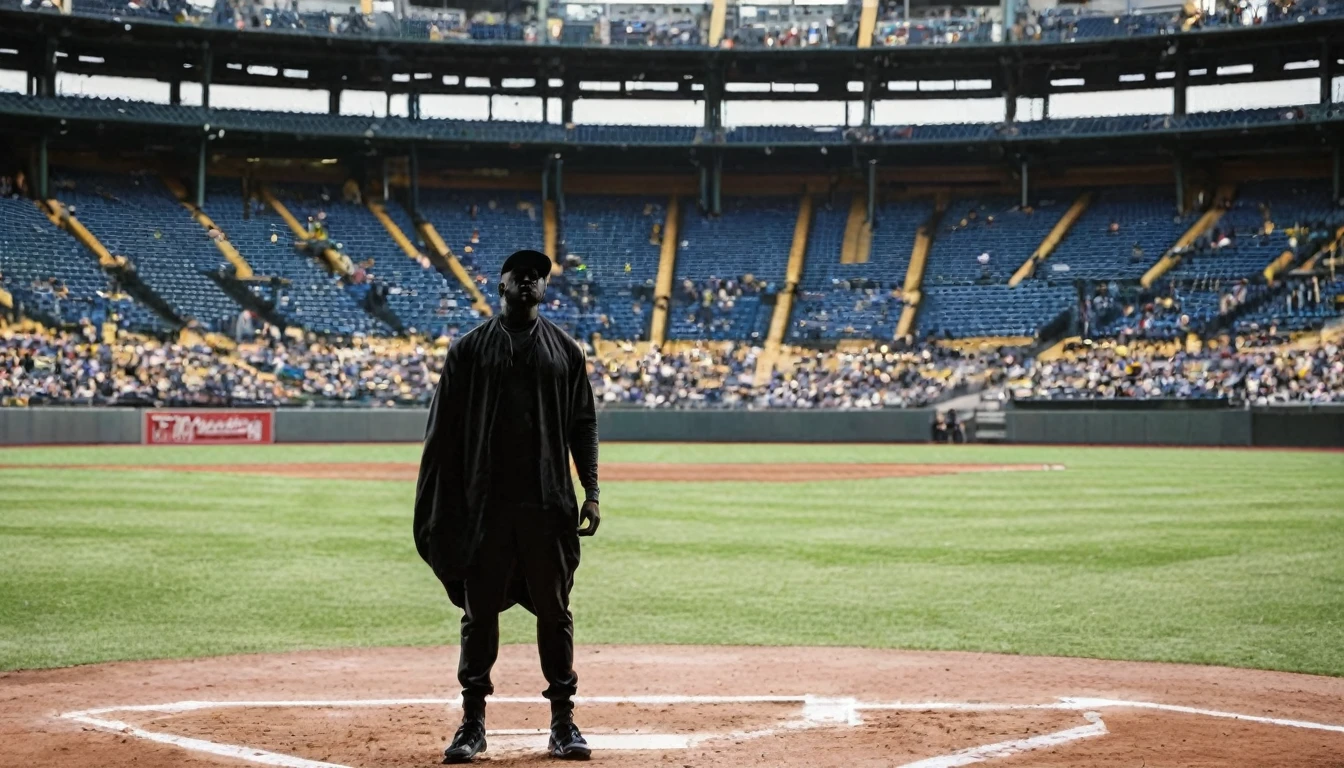 A black figure standing in a baseball stadium