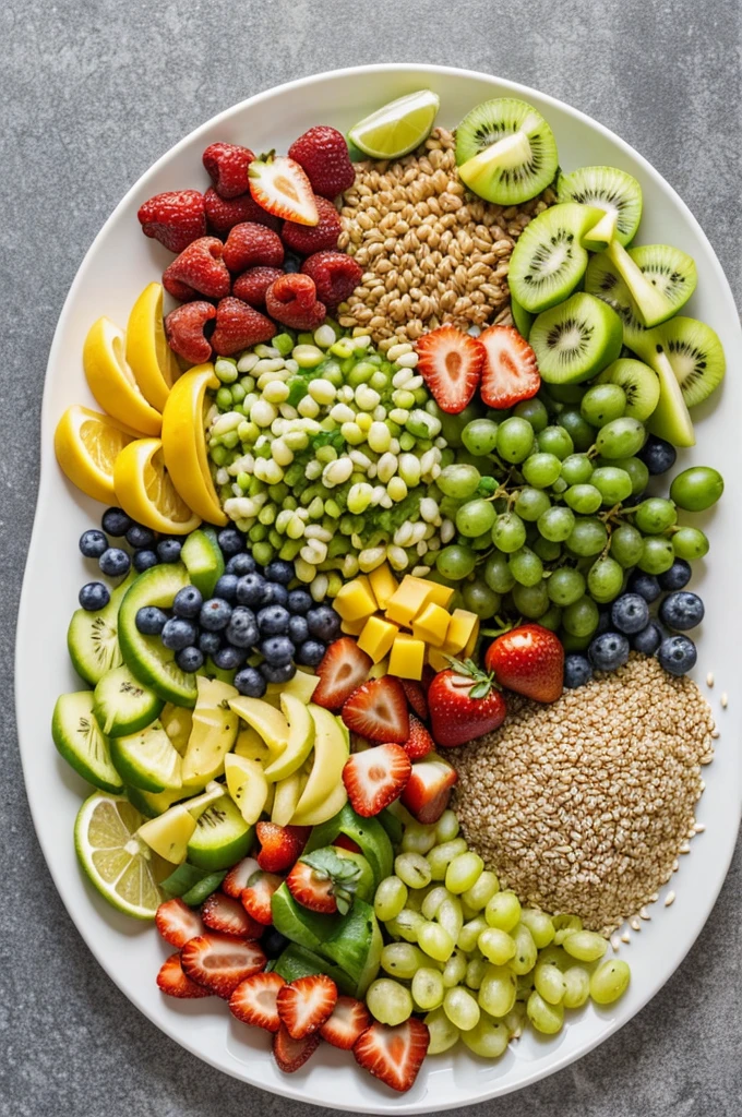 A plate with fresh fruits, vegetables, whole grains and lean proteins.