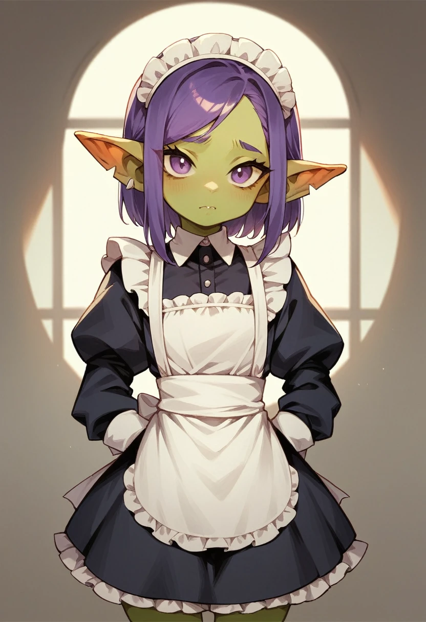 A maid with long purple hair was and raped by a young goblin.