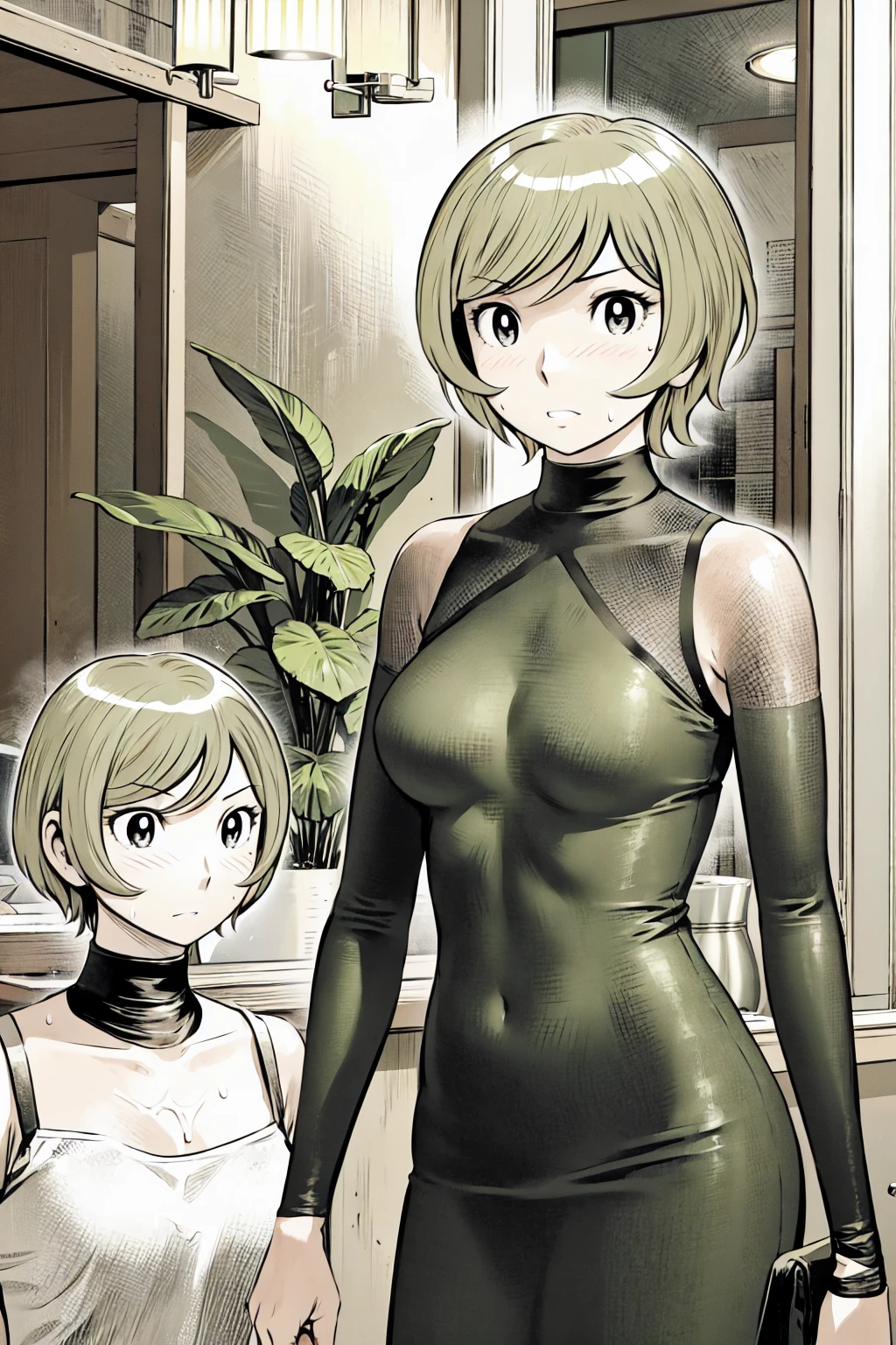 、(masterpiece、Highest quality)、Highest quality, Ultra-high resolution, (((masterpiece))), alone, Sweat、Big eyes, No sleeve、indoor、Floral dress、Composition from the front、(Cut the back hair short、short hair、blonde、woman)、Shortcuts、Embarrassed face、Cut your hair short、可愛いwomanの子、