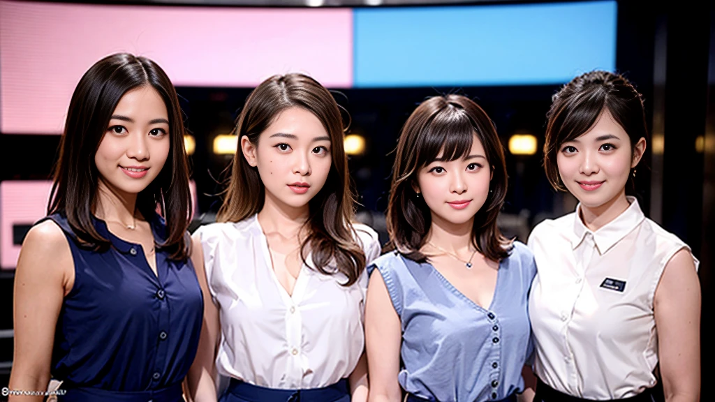 ((super high quality、High resolution、masterpiece、 Anatomically correct、Super detailed photos、Ultra-realistic photos、 Highest quality))、(3girls)、looking at viewer、studio lighting、(portrait))、(from front:1.2)、(big breast)、Small waist、Detailed face、Perfect figure、Three girls holding each other close、 ((Female announcer:1.2))、Television studio broadcasting the news、Cleavage、((news caster))、((sleeveless business shirt))、