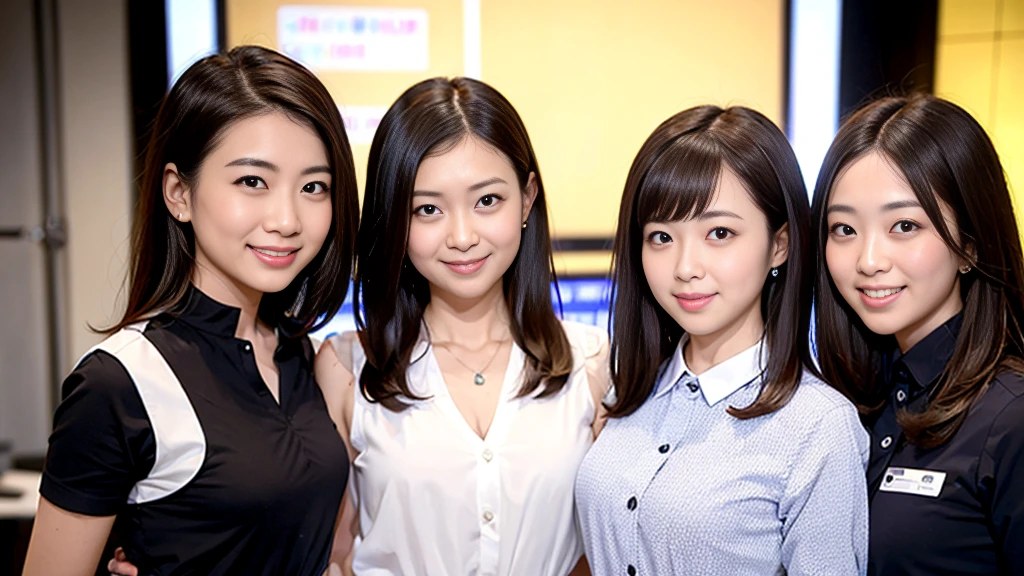 ((super high quality、High resolution、masterpiece、 Anatomically correct、Super detailed photos、Ultra-realistic photos、 Highest quality))、(3girls)、looking at viewer、studio lighting、(portrait))、(from front:1.2)、(big breast)、Small waist、Detailed face、Perfect figure、Three girls holding each other close、 ((Female announcer:1.2))、Television studio broadcasting the news、Cleavage、((news caster))、((sleeveless business shirt))、