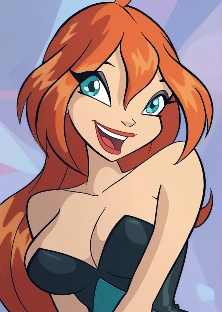 bl_oom, 1girl, ginger hair, blue eyes, looking at viewer, smiling, open mouth, black makeup, black corset, strapless, big Breasts, naked shoulders, simple background, portrait, head to stomach shot, (extreme detail 2.0), score_9, score_8_up, score_7_up,