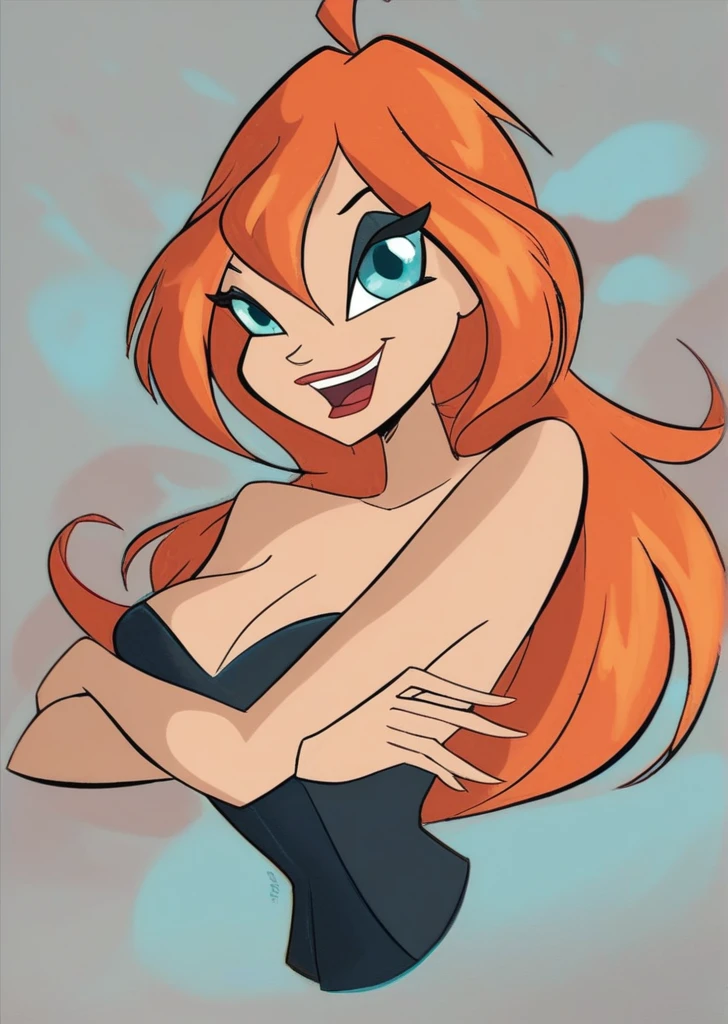 bl_oom, 1girl, ginger hair, blue eyes, looking at viewer, smiling, open mouth, black makeup, black corset, strapless, big Breasts, naked shoulders, simple background, portrait, head to stomach shot, (extreme detail 2.0), score_9, score_8_up, score_7_up,